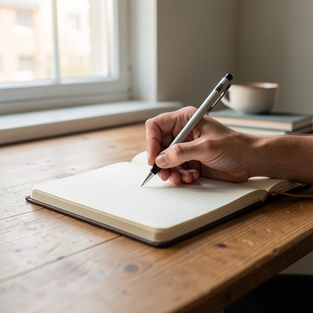 Close-up of a hand writing in a notebook on a wooden desk, natural light from a window, quiet morning working environment