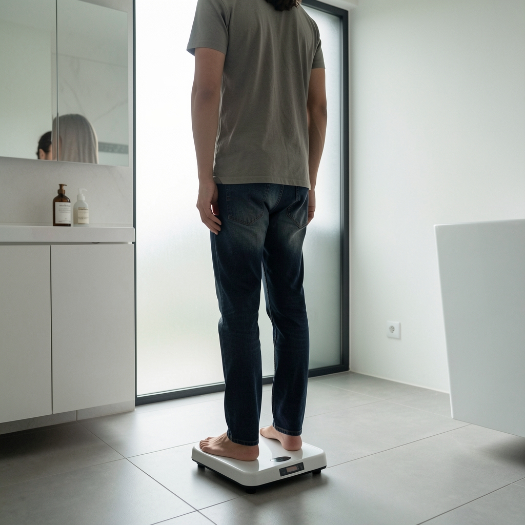 A person standing on a weighing scale in a minimalist bathroom, early morning natural light coming through frosted glass